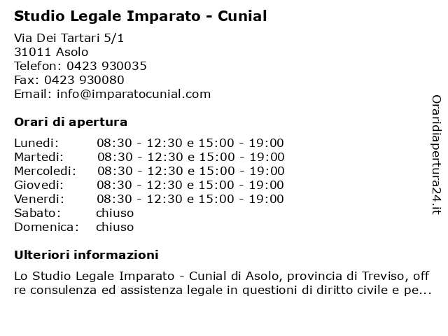 Orari di apertura Studio Legale Imparato Cunial Via dei